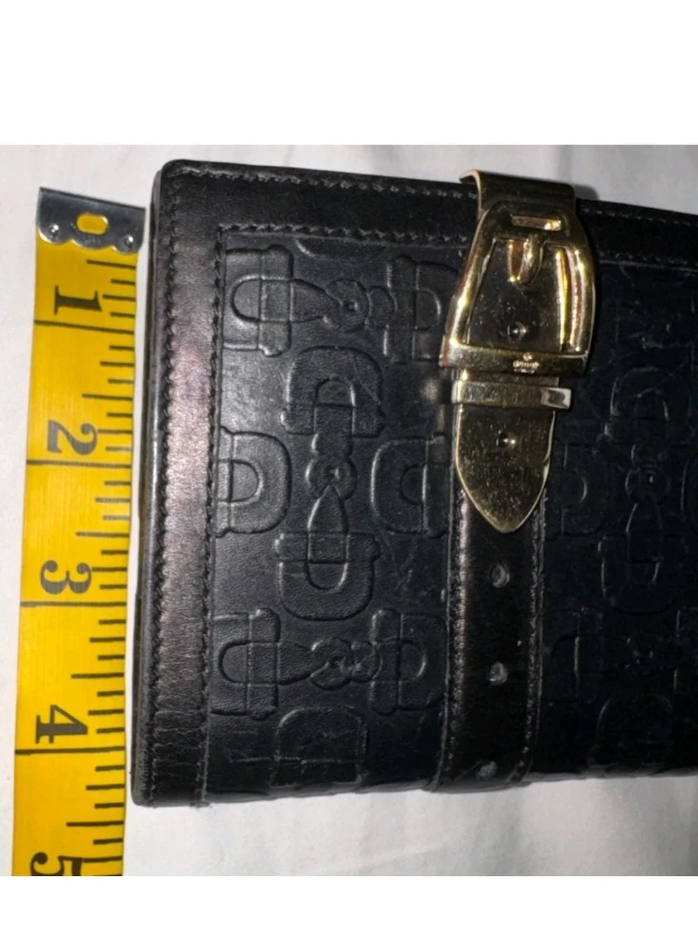 Gucci Horsebit Embossed Black Leather Compact Wallet Gold Buckle Vintage